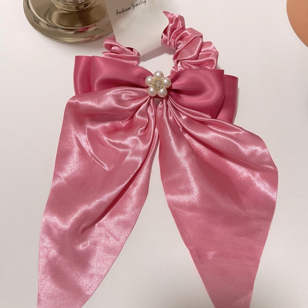 Elegant Pink Satin Hair Bow with Pearl Accent